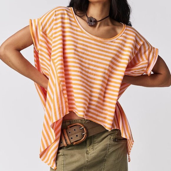 Free People Orange and White Striped Short Sleeve Tee - Picture 1 of 4